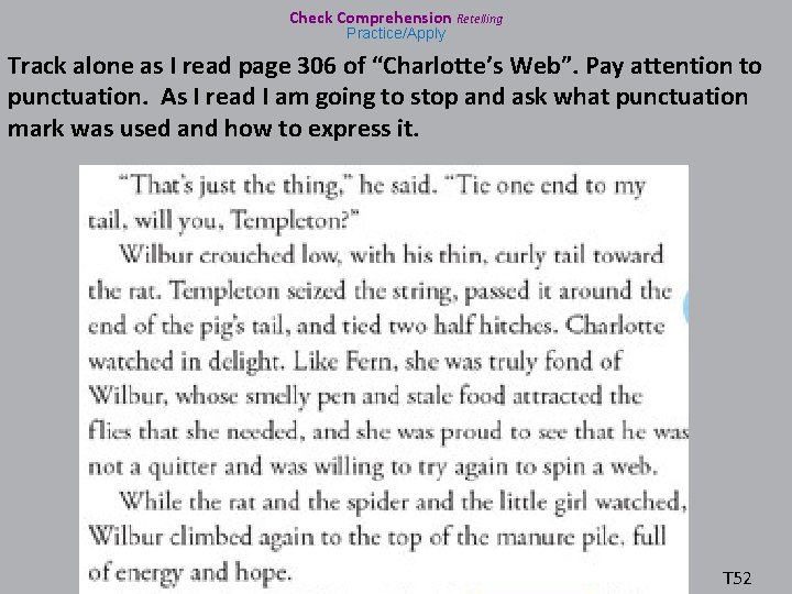 Check Comprehension Retelling Practice/Apply Track alone as I read page 306 of “Charlotte’s Web”.