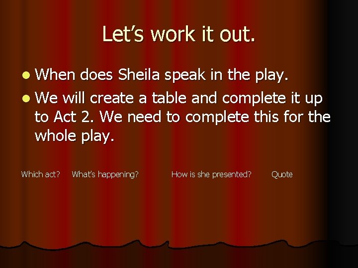 Let’s work it out. l When does Sheila speak in the play. l We