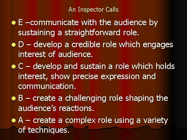 An Inspector Calls l. E –communicate with the audience by sustaining a straightforward role.