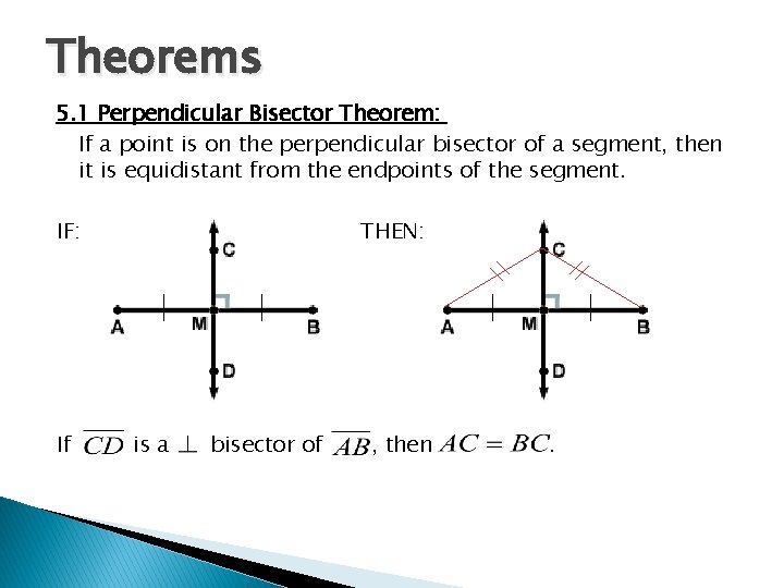Theorems 5. 1 Perpendicular Bisector Theorem: If a point is on the perpendicular bisector