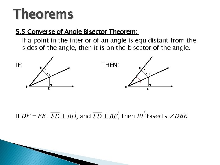 Theorems 5. 5 Converse of Angle Bisector Theorem: If a point in the interior