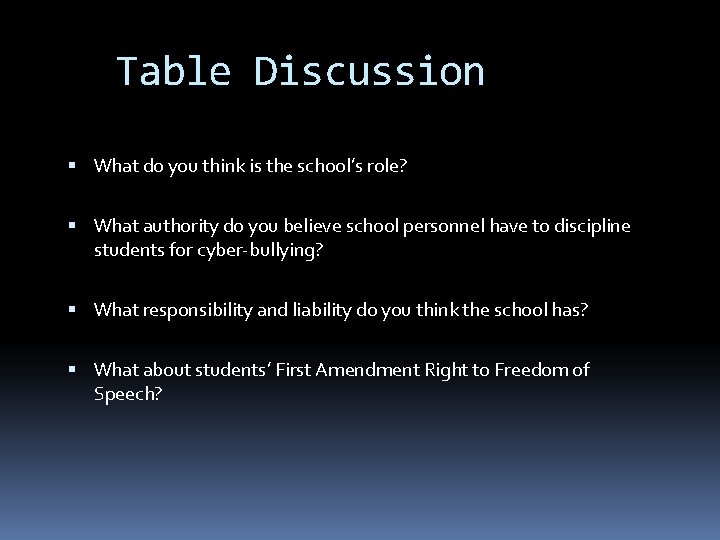 Table Discussion What do you think is the school’s role? What authority do you