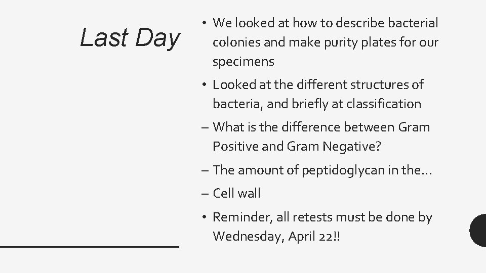 Last Day • We looked at how to describe bacterial colonies and make purity