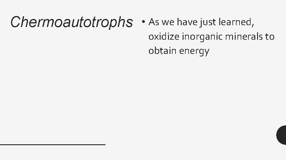 Chermoautotrophs • As we have just learned, oxidize inorganic minerals to obtain energy 