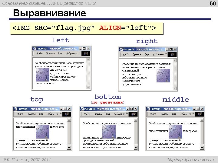 50 Основы Web-дизайна: HTML и редактор HEFS Выравнивание <IMG SRC="flag. jpg" ALIGN="left"> left top
