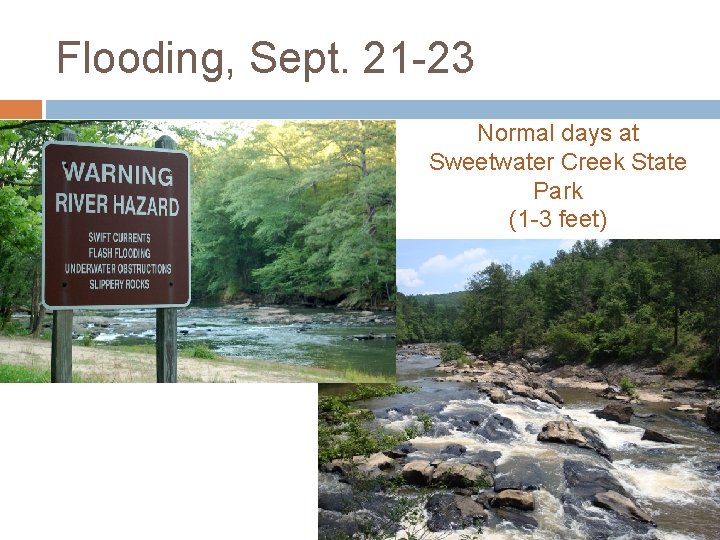 Flooding, Sept. 21 -23 Normal days at Sweetwater Creek State Park (1 -3 feet)