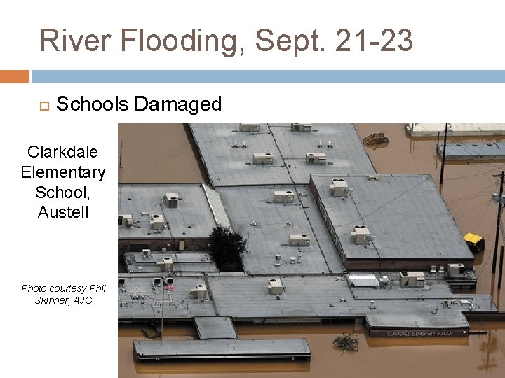 River Flooding, Sept. 21 -23 Schools Damaged Clarkdale Elementary School, Austell Photo courtesy Phil