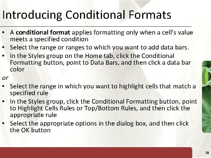Introducing Conditional Formats XP • A conditional format applies formatting only when a cell’s