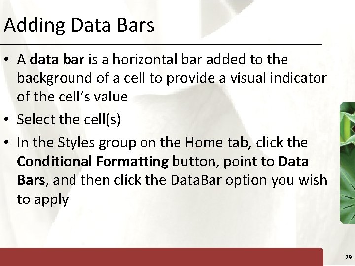 Adding Data Bars XP • A data bar is a horizontal bar added to