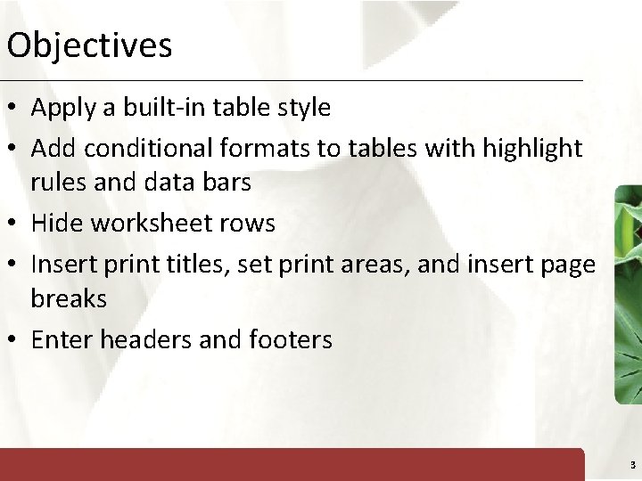 Objectives XP • Apply a built-in table style • Add conditional formats to tables