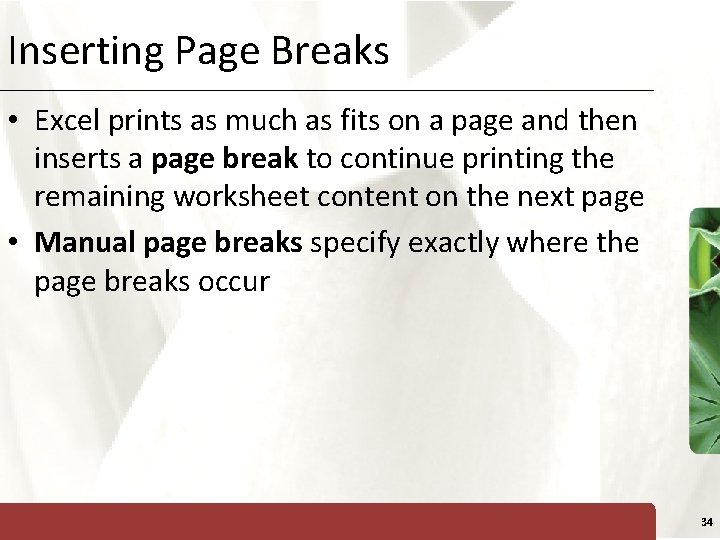 Inserting Page Breaks XP • Excel prints as much as fits on a page