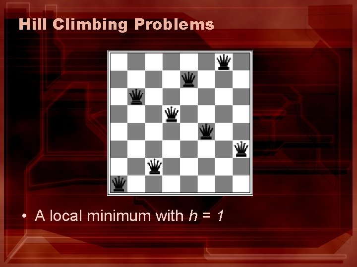 Hill Climbing Problems • A local minimum with h = 1 Hill Climbing Problems • A local minimum with h = 1
