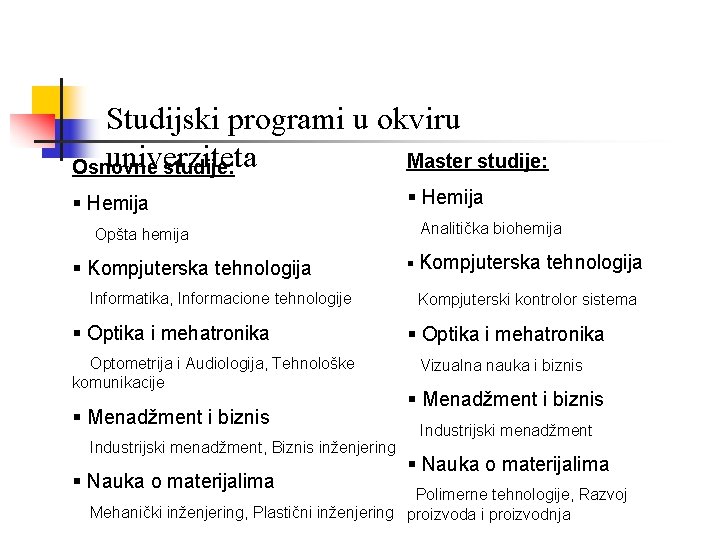 Studijski programi u okviru univerziteta Master studije: Osnovne studije: § Hemija Opšta hemija §