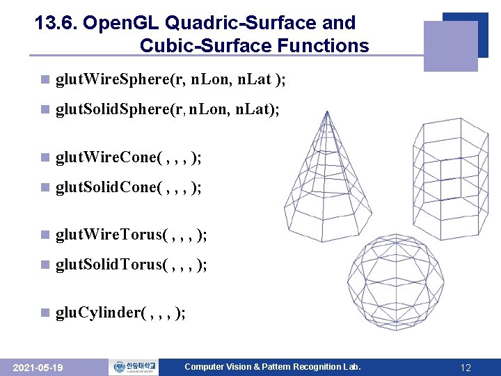 13. 6. Open. GL Quadric-Surface and Cubic-Surface Functions n glut. Wire. Sphere(r, n. Lon, 13. 6. Open. GL Quadric-Surface and Cubic-Surface Functions n glut. Wire. Sphere(r, n. Lon,