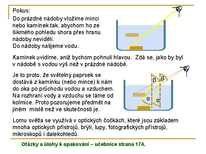 Pokus: Do prázdné nádoby vložíme minci nebo kamínek tak, abychom ho ze šikmého pohledu