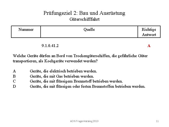 Prüfungsziel 2: Bau und Ausrüstung Güterschifffahrt Nummer 120 02. 0 -11 Quelle Richtige Antwort