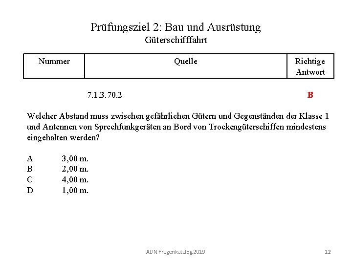 Prüfungsziel 2: Bau und Ausrüstung Güterschifffahrt Nummer 120 02. 0 -12 Quelle Richtige Antwort