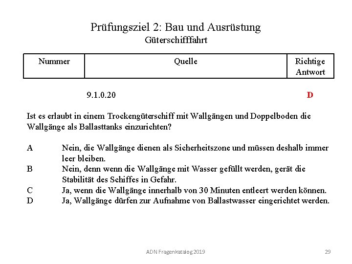 Prüfungsziel 2: Bau und Ausrüstung Güterschifffahrt Nummer 120 02. 0 -29 Quelle Richtige Antwort