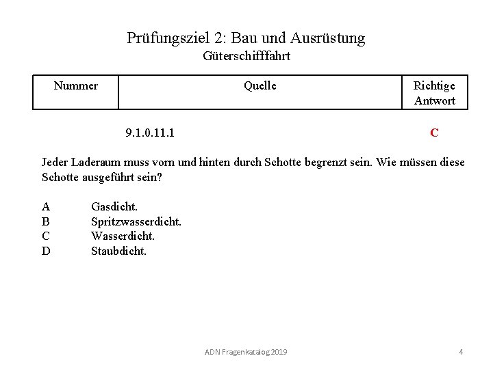 Prüfungsziel 2: Bau und Ausrüstung Güterschifffahrt Nummer 120 02. 0 -04 Quelle Richtige Antwort