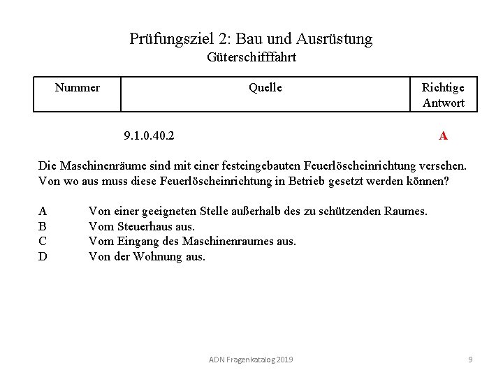 Prüfungsziel 2: Bau und Ausrüstung Güterschifffahrt Nummer 120 02. 0 -09 Quelle Richtige Antwort