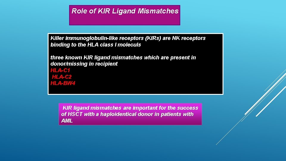 Role of KIR Ligand Mismatches Killer immunoglobulin-like receptors (KIRs) are NK receptors binding to