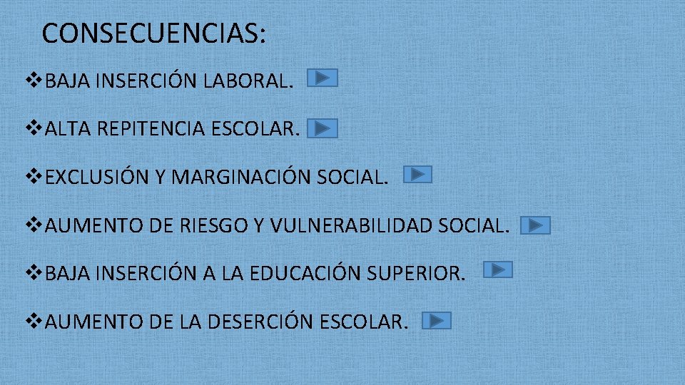 CONSECUENCIAS: v. BAJA INSERCIÓN LABORAL. v. ALTA REPITENCIA ESCOLAR. v. EXCLUSIÓN Y MARGINACIÓN SOCIAL.