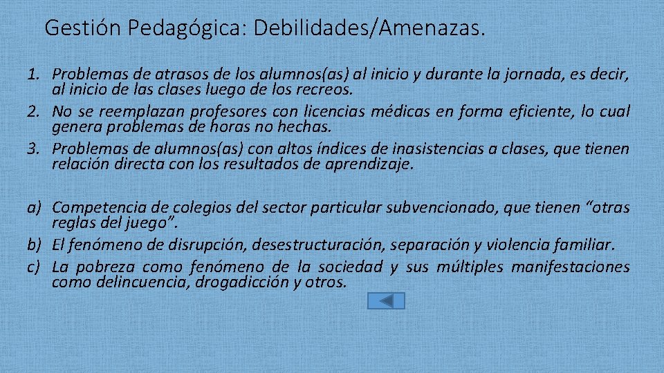 Gestión Pedagógica: Debilidades/Amenazas. 1. Problemas de atrasos de los alumnos(as) al inicio y durante