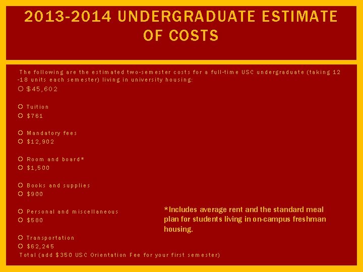 2013 -2014 UNDERGRADUATE ESTIMATE OF COSTS The following are the estimated two-semester costs for