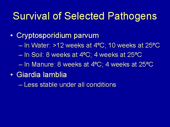 Survival of Selected Pathogens • Cryptosporidium parvum – In Water: >12 weeks at 4ºC;