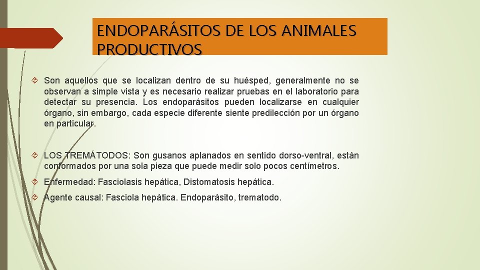 ENDOPARÁSITOS DE LOS ANIMALES PRODUCTIVOS Son aquellos que se localizan dentro de su huésped,