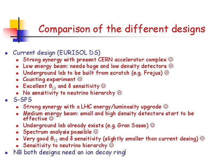 Comparison of the different designs n Current design (EURISOL DS) n n n n