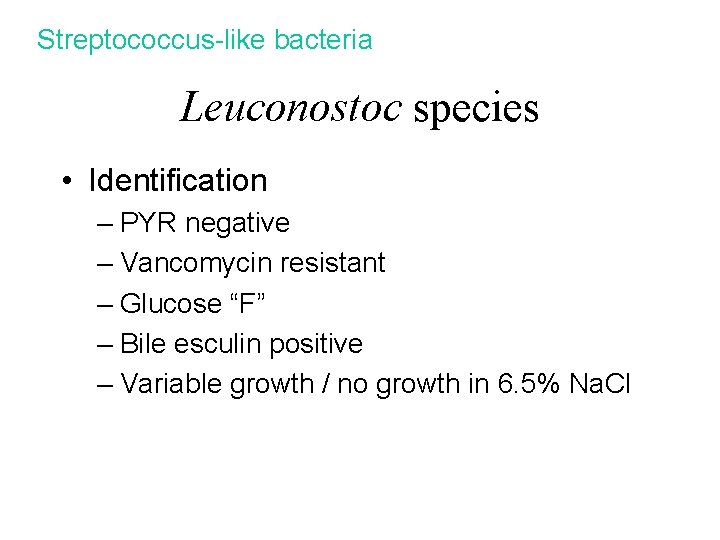 Streptococcus-like bacteria Leuconostoc species • Identification – PYR negative – Vancomycin resistant – Glucose