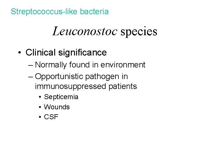 Streptococcus-like bacteria Leuconostoc species • Clinical significance – Normally found in environment – Opportunistic