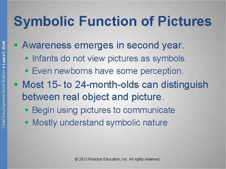 Child Development Ninth Edition ● Laura E. Berk Symbolic Function of Pictures § Awareness