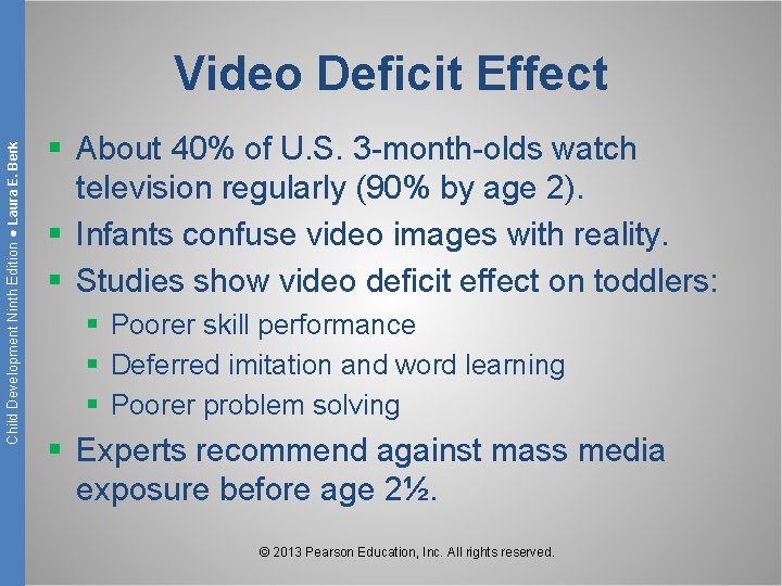 Child Development Ninth Edition ● Laura E. Berk Video Deficit Effect § About 40%