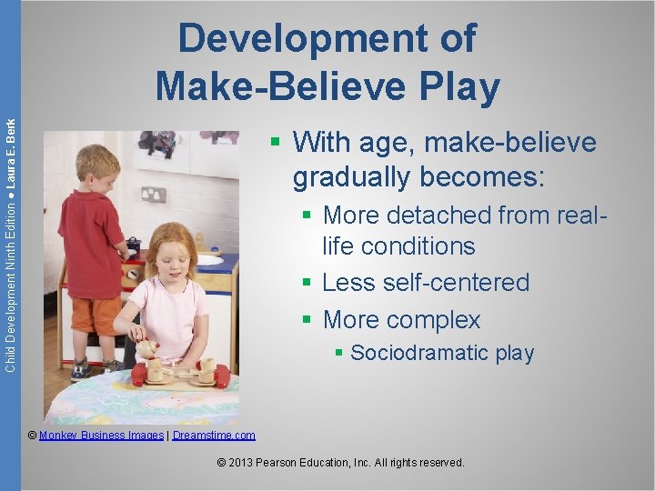 Child Development Ninth Edition ● Laura E. Berk Development of Make-Believe Play § With