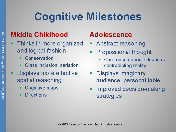 Child Development Ninth Edition ● Laura E. Berk Cognitive Milestones Middle Childhood Adolescence §
