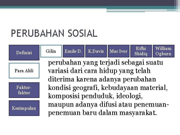 PERUBAHAN SOSIAL Definisi Para Ahli Faktorfaktor Kesimpulan Gilin Emile D. K. Davis Mac Iver