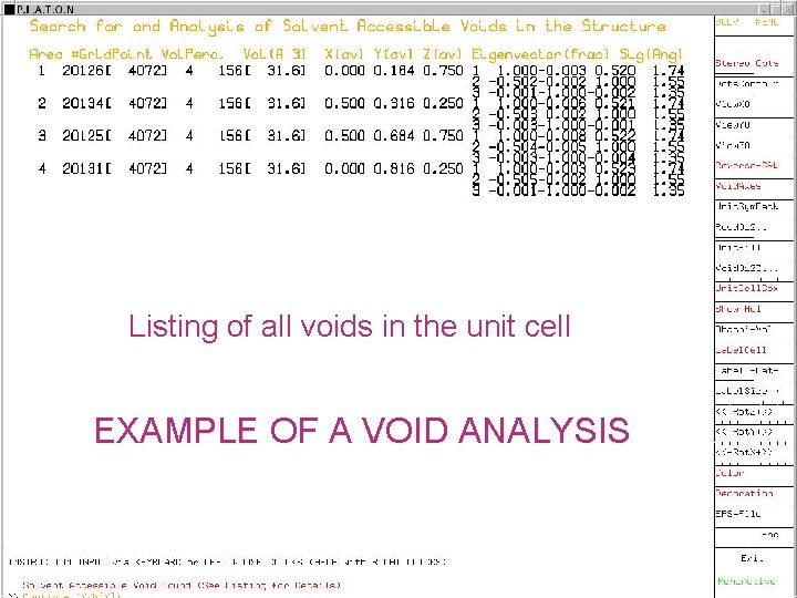 Listing of all voids in the unit cell EXAMPLE OF A VOID ANALYSIS 