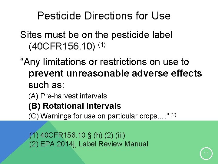 Pesticide Directions for Use Sites must be on the pesticide label (40 CFR 156.