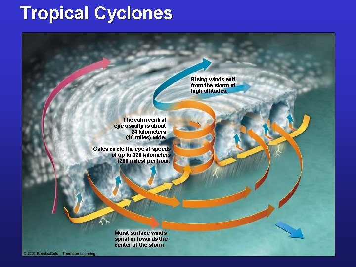 Tropical Cyclones Rising winds exit from the storm at high altitudes. The calm central