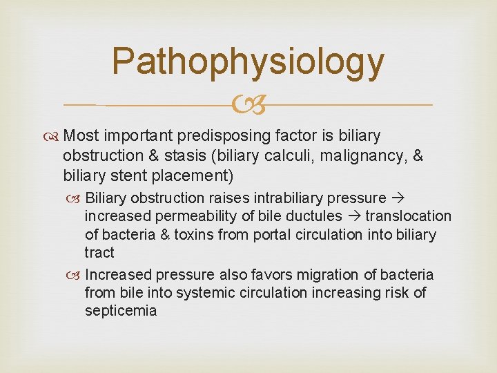 Pathophysiology Most important predisposing factor is biliary obstruction & stasis (biliary calculi, malignancy, &