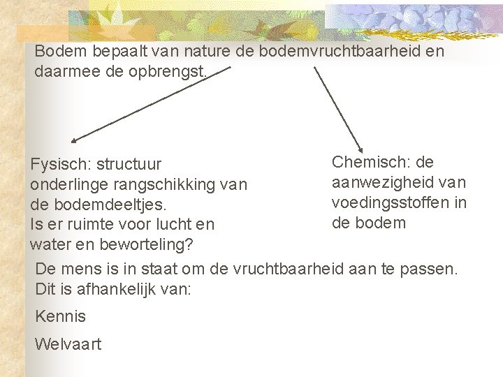 Bodem bepaalt van nature de bodemvruchtbaarheid en daarmee de opbrengst. Chemisch: de Fysisch: structuur