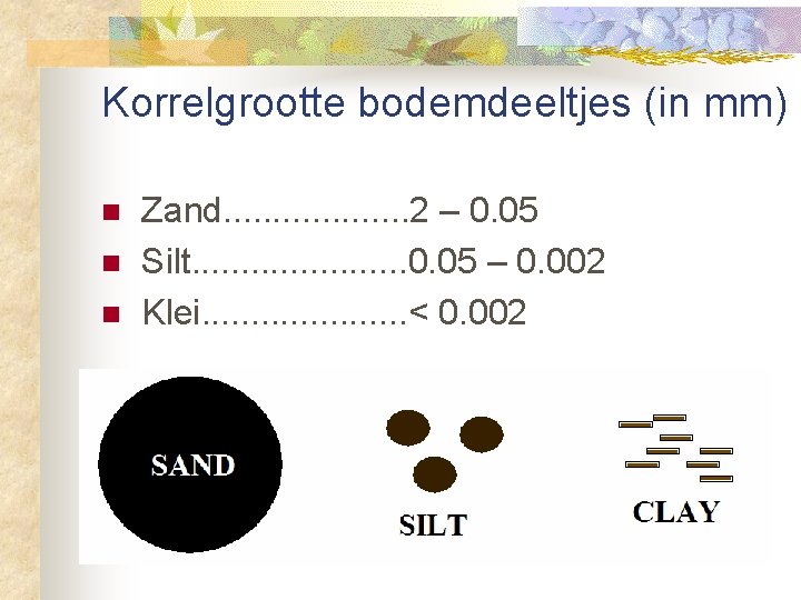 Korrelgrootte bodemdeeltjes (in mm) n n n Zand. . . . . 2 –