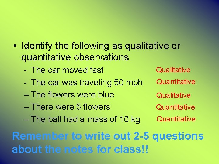  • Identify the following as qualitative or quantitative observations - The car moved