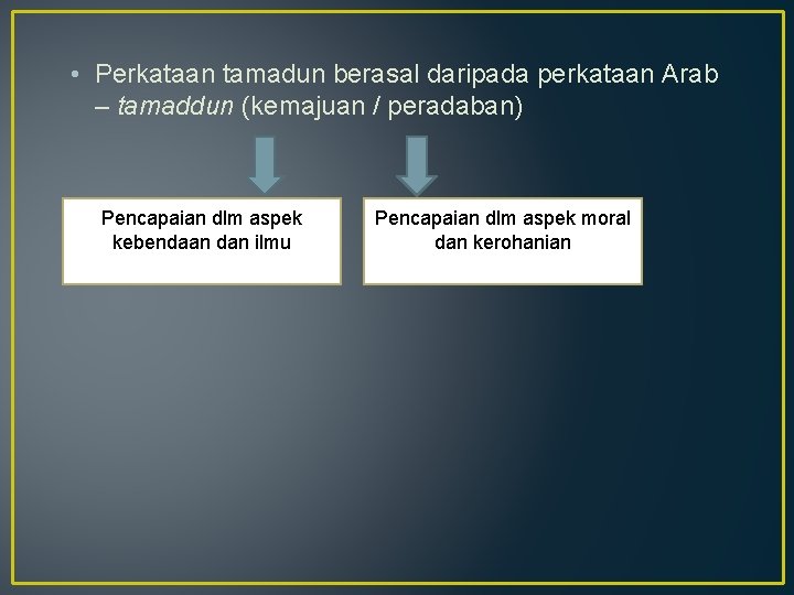  • Perkataan tamadun berasal daripada perkataan Arab – tamaddun (kemajuan / peradaban) Pencapaian