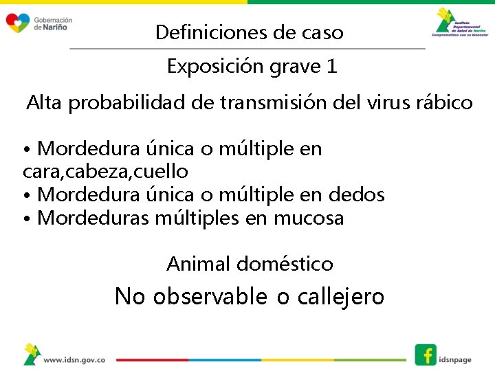 Definiciones de caso Exposición grave 1 Alta probabilidad de transmisión del virus rábico •