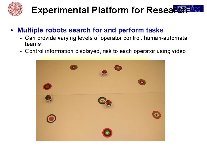 Experimental Platform for Research • Multiple robots search for and perform tasks - Can