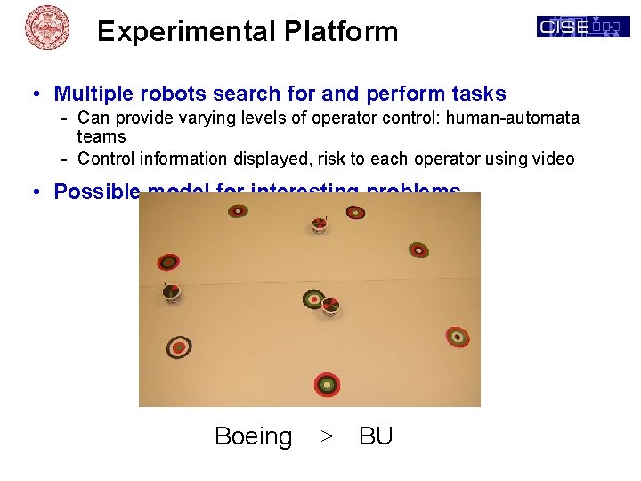 Experimental Platform • Multiple robots search for and perform tasks - Can provide varying