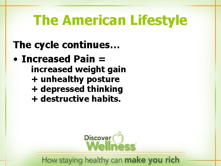 The American Lifestyle The cycle continues… • Increased Pain = increased weight gain +